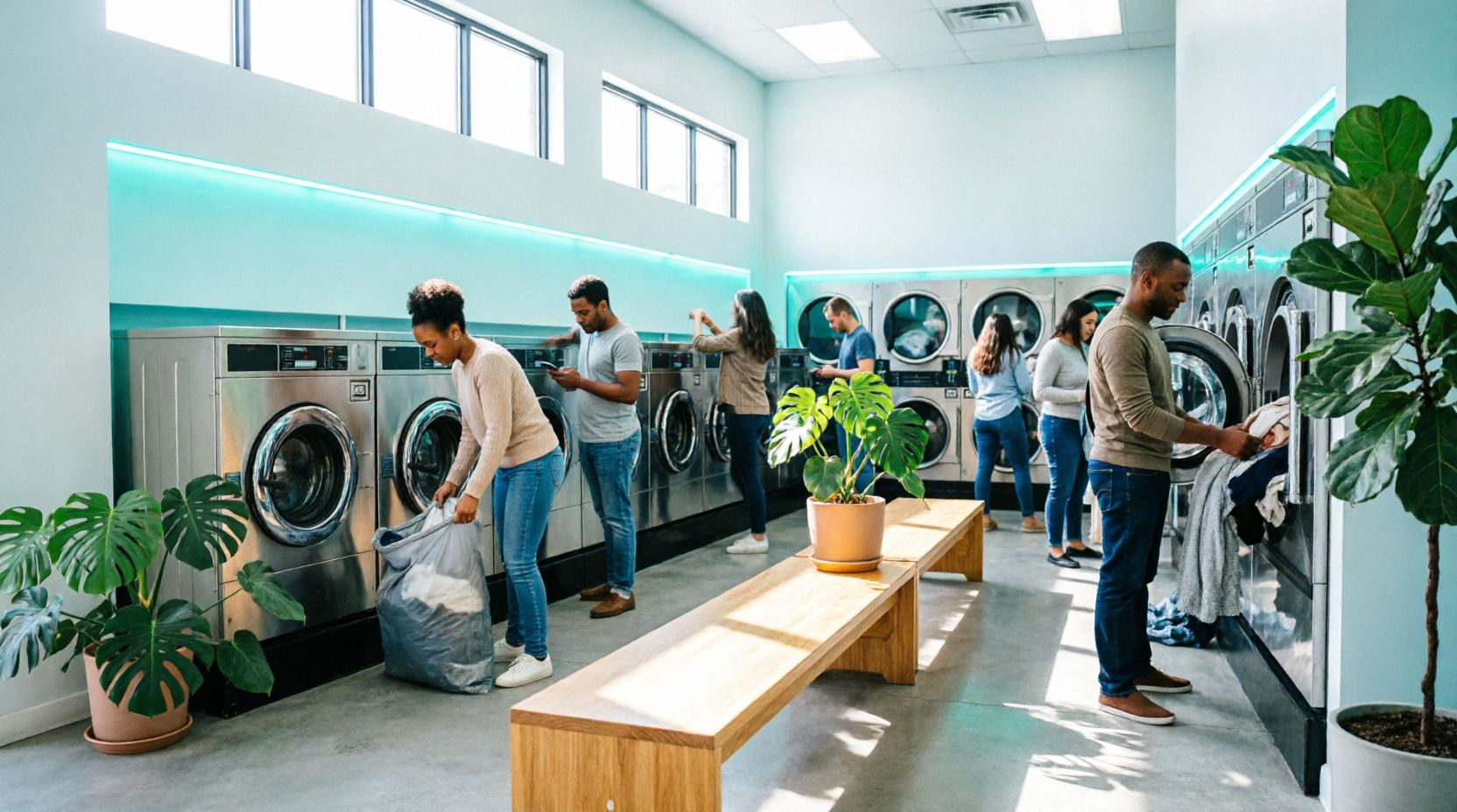 Modern bright self-service laundromat with eco-friendly equipment