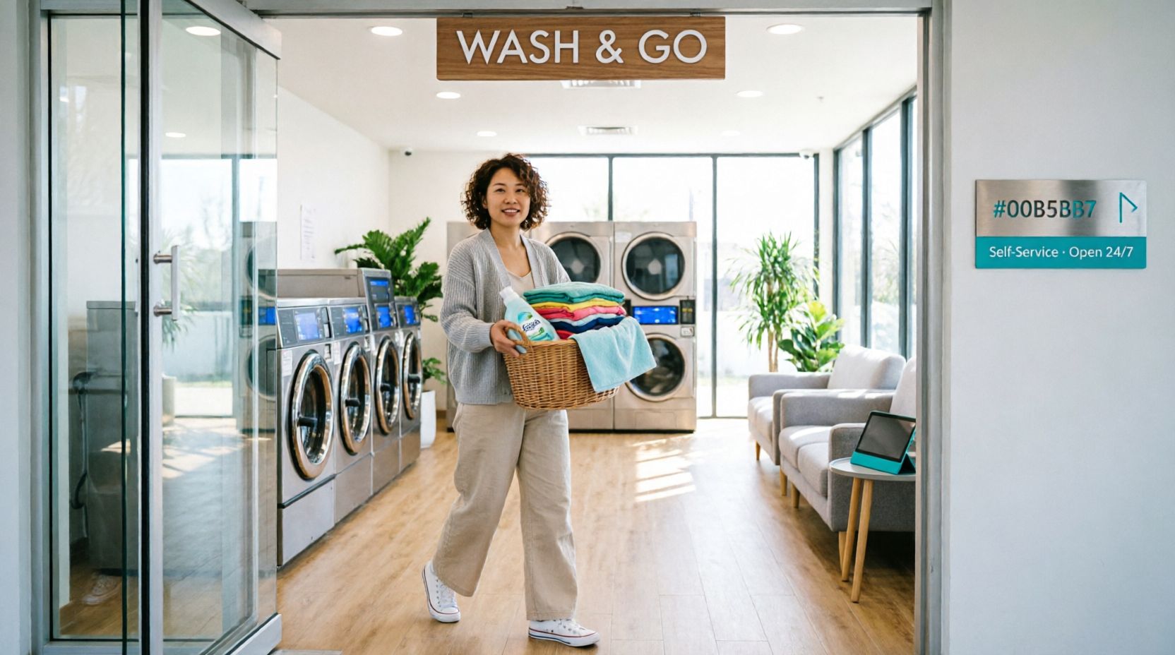 Customer bringing laundry basket into laundromat