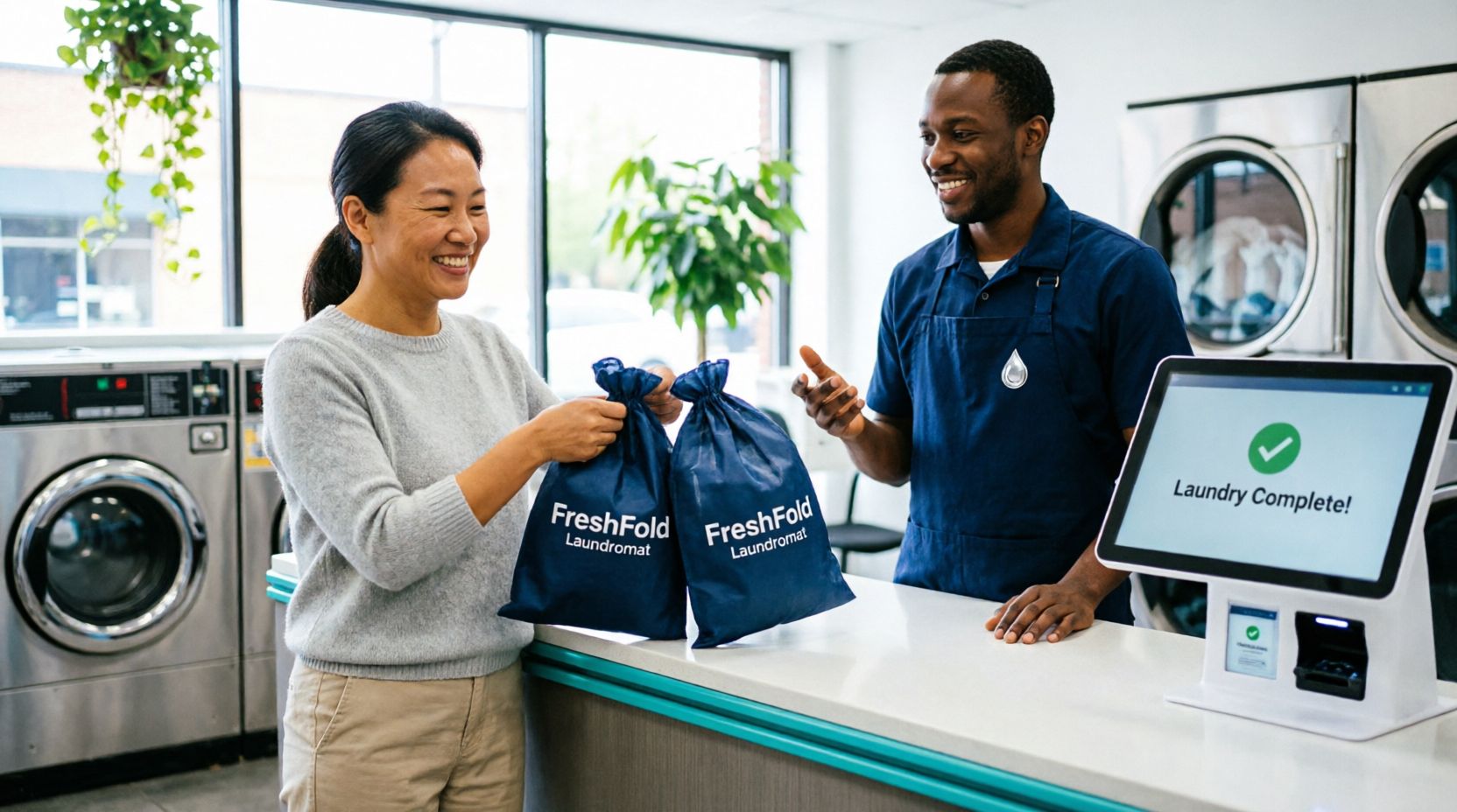 Customer receiving clean folded laundry